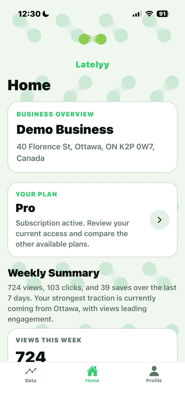 Latelyy business home screen
