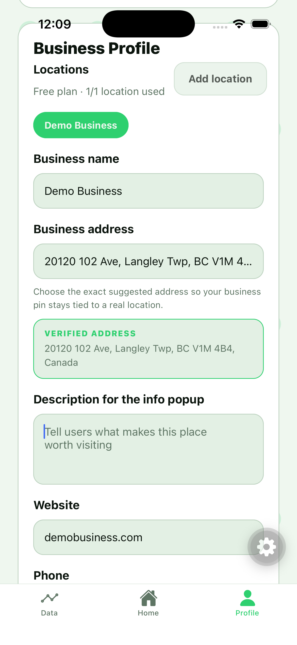 Latelyy business profile management screen